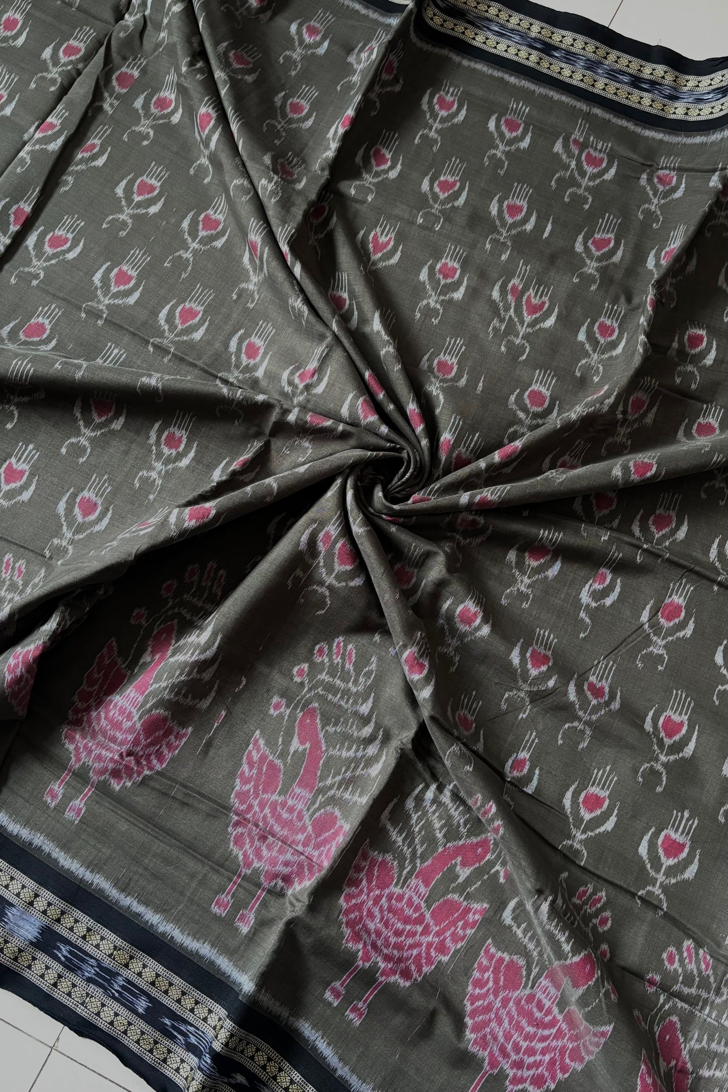 Odisha Ikkat Khandua Cotton Saree-  Olive Green