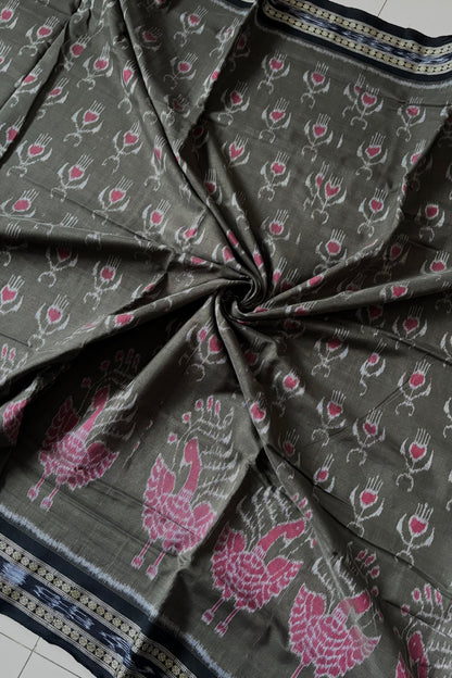 Odisha Ikkat Khandua Cotton Saree-  Olive Green