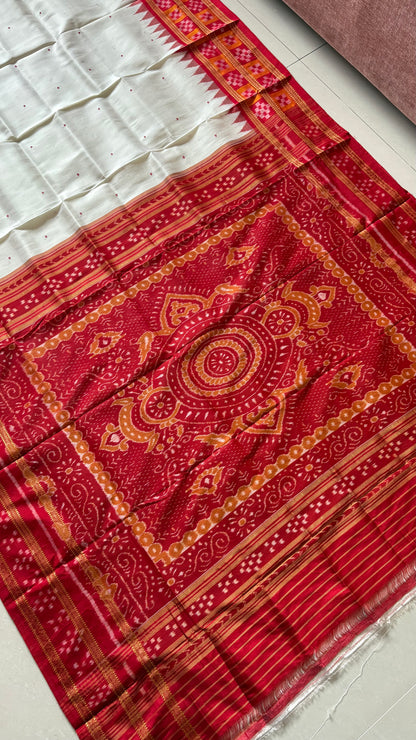 Double Pasapali Border Khandua Ikkat Silk Saree - Off White and Red