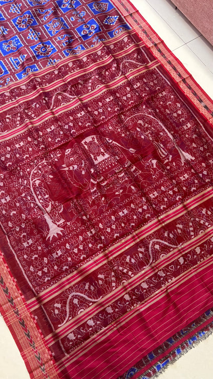 Exclusive Odisha Ikkat Nabakothi Pure Silk Saree- Maroon & Blue