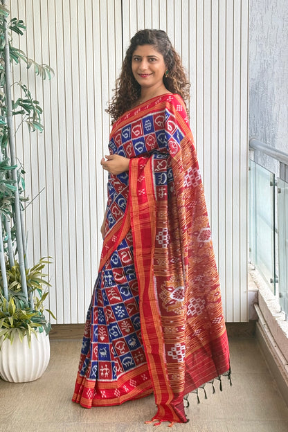 Exclusive Varnamala Odisha Ikkat Khandua Silk Saree - Navy and Red