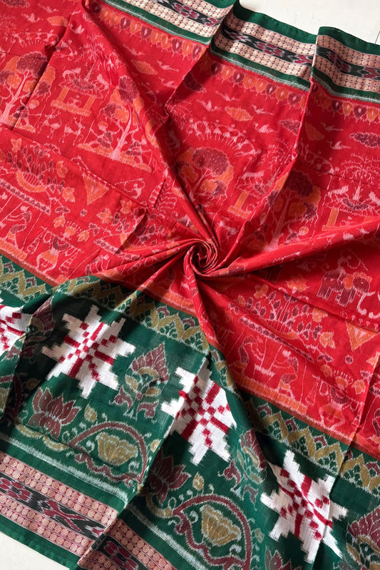 Exclusive Curvilinear Sambalpuri Ikkat Pure Cotton Saree : Red & Green