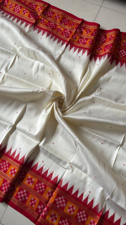 Double Pasapali Border Khandua Ikkat Silk Saree - Off White and Red