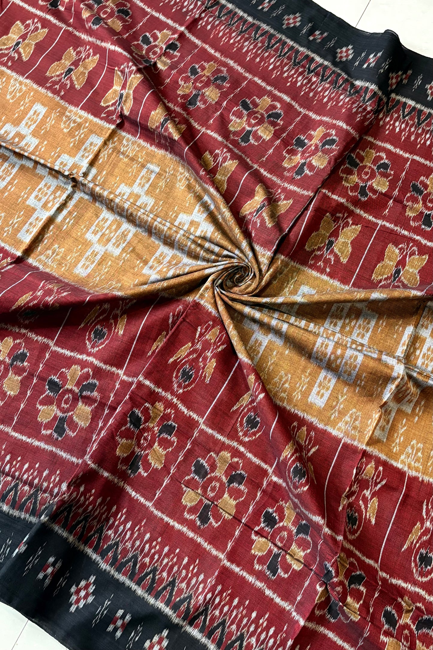 Odisha Ikkat Khandua Cotton Saree – Black, Maroon & Mustard