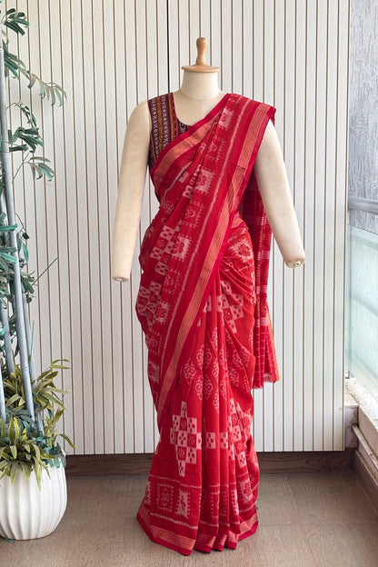 Odisha Ikkat Khandua Cotton Saree - Rust