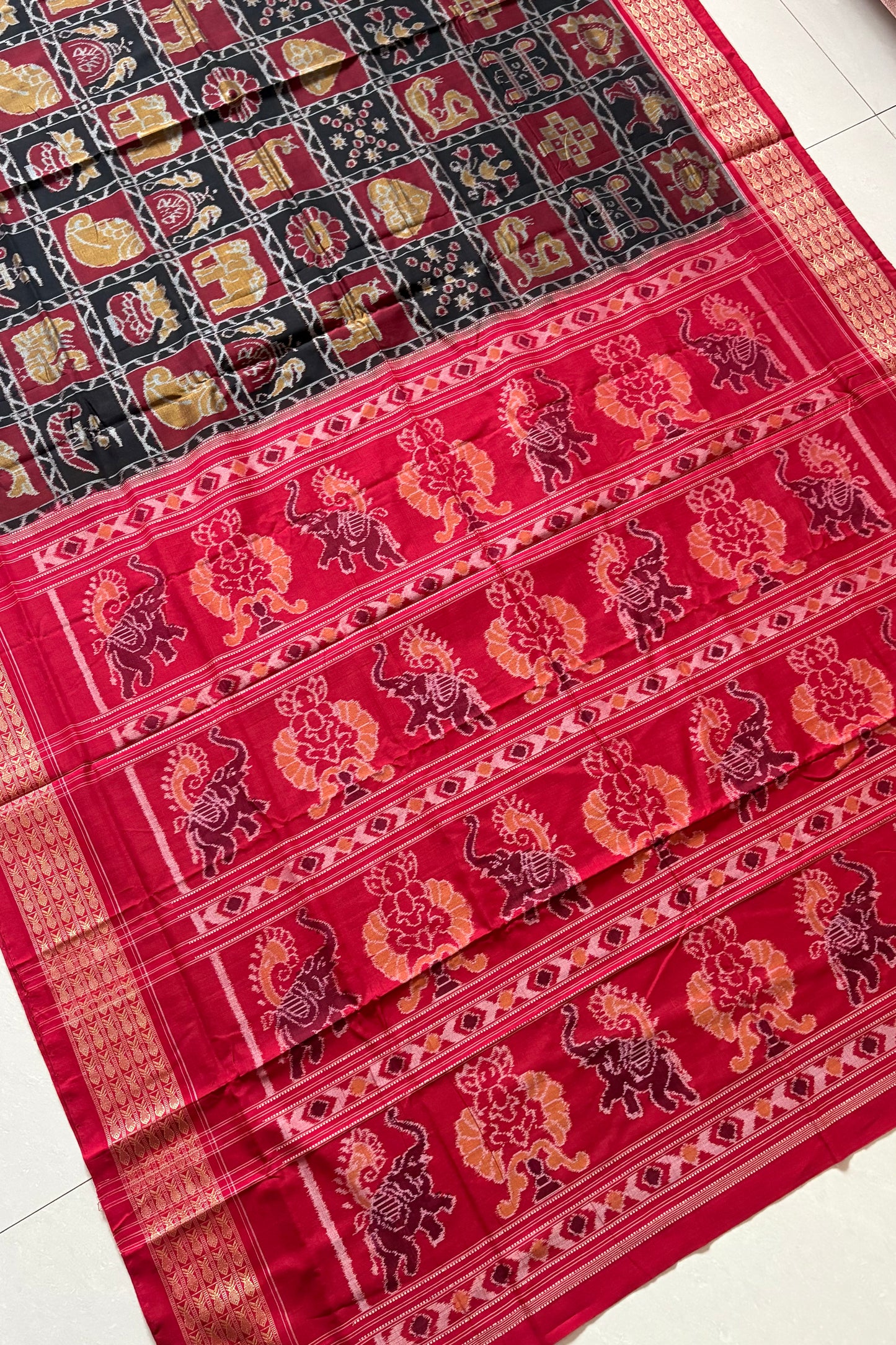 Exclusive Nabakothi Sambalpuri Cotton Saree: Black & Red