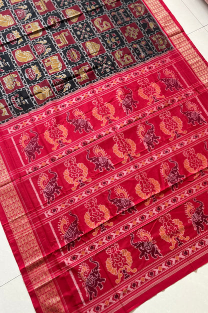 Exclusive Nabakothi Sambalpuri Cotton Saree: Black & Red