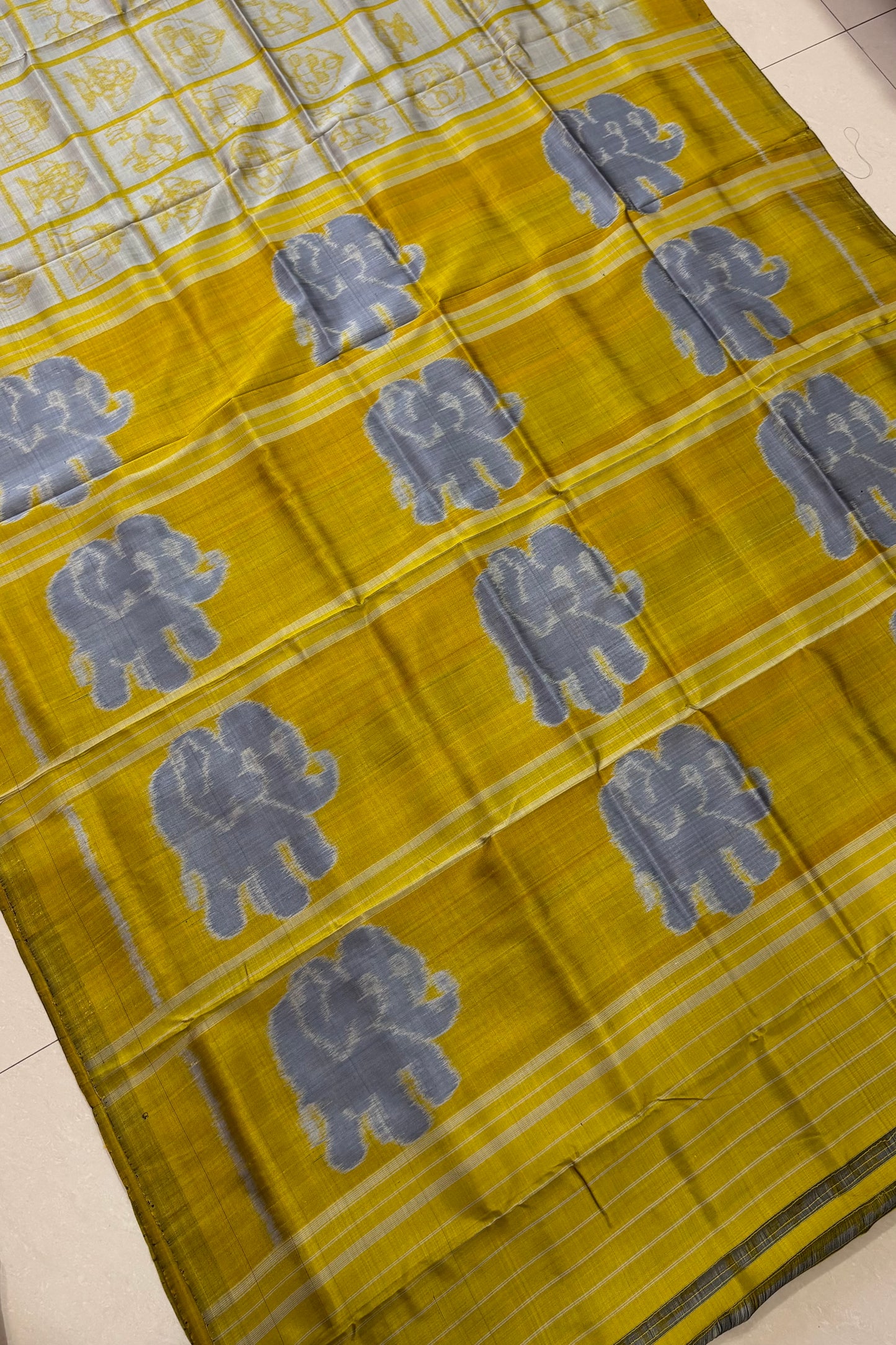 Exclusive Odisha Ikkat Nabakothi Pure Silk Saree- Silver Grey & Yellow