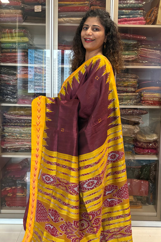 Bandha Border Khandua Ikkat Silk Saree - Dark Coffee