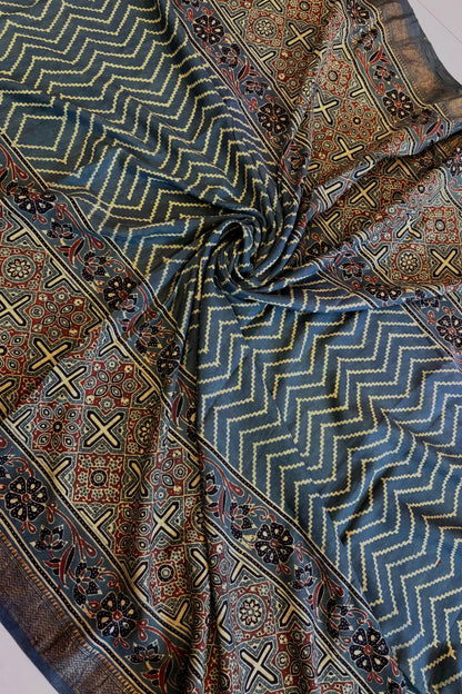 Green+Mulberry+Ajrakh+Saree+Naturaldye+Hannd+block+Print