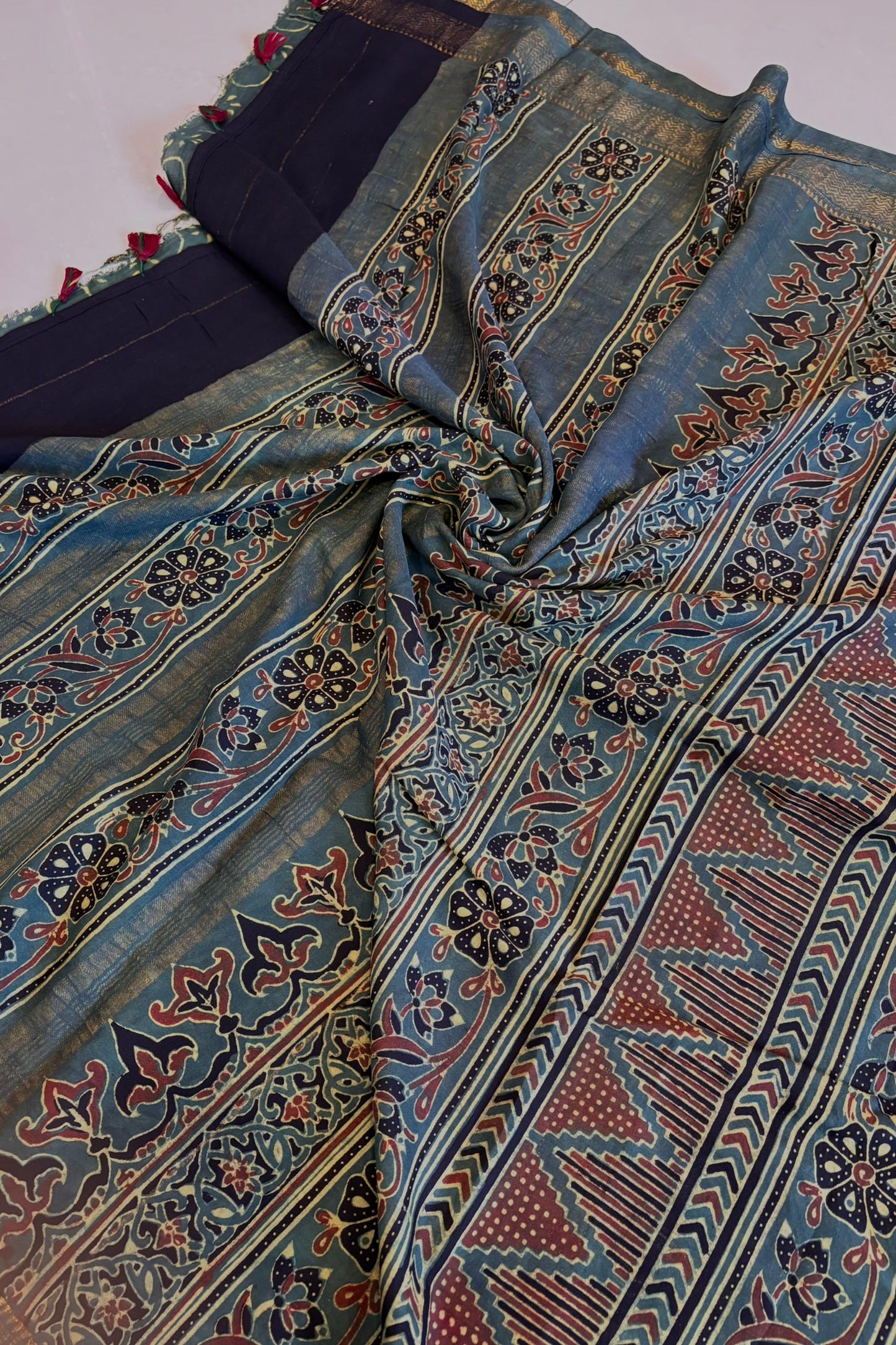 Green+Mulberry+Ajrakh+Saree+Naturaldye+Hannd+block+Print