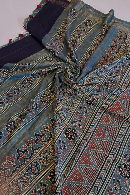 Green+Mulberry+Ajrakh+Saree+Naturaldye+Hannd+block+Print