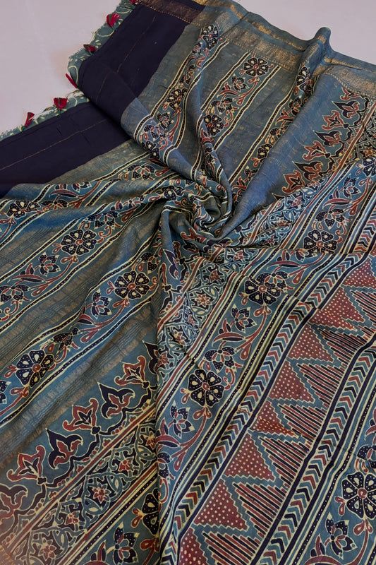 Green+Mulberry+Ajrakh+Saree+Naturaldye+Hannd+block+Print