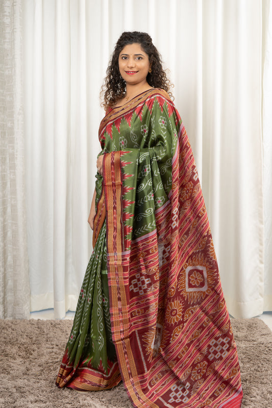 Odisha Handloom Khandua Silk (Patta) Saree - Henna Green