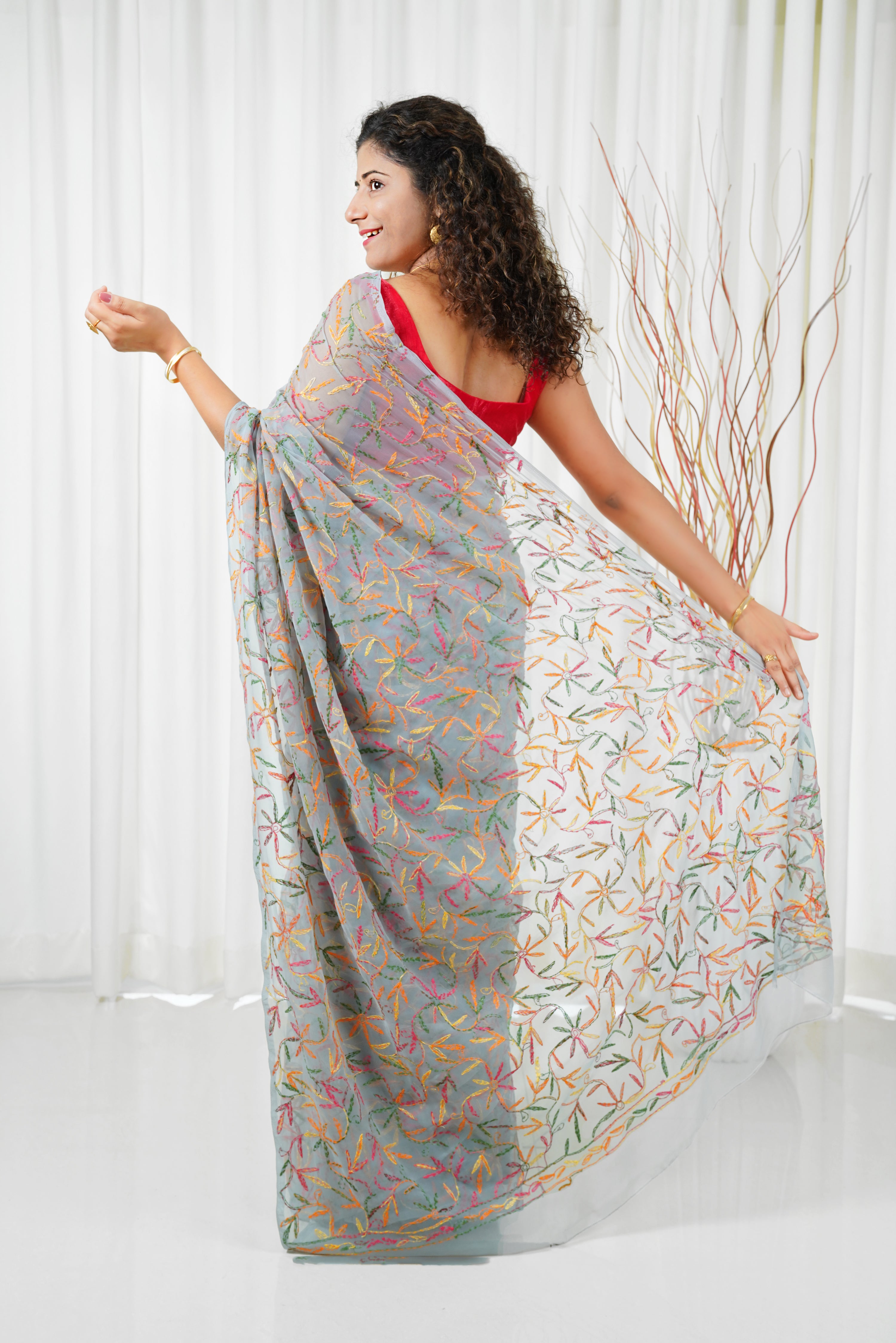 Multi Color Thread Tepchi Work Chikankaari Saree-Grey