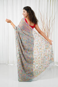 Multi Color Thread Tepchi Work Chikankaari Saree-Grey