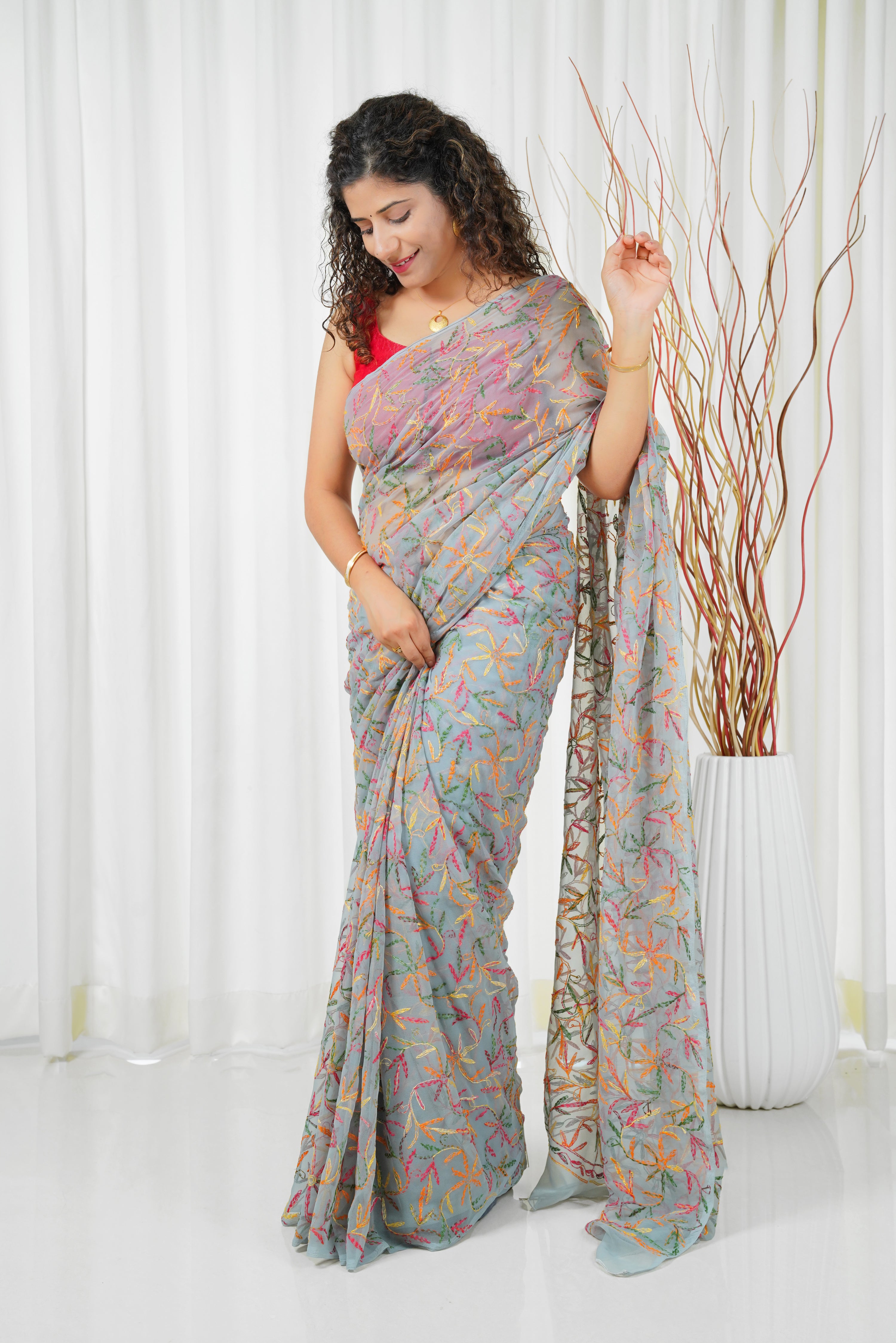 Multi Color Thread Tepchi Work Chikankaari Saree-Grey