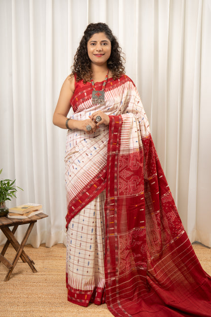 Exclusive Odisha Ikkat Hazaar Buti Cotton Saree- White Maroon