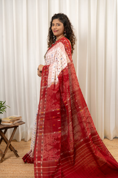 Exclusive Odisha Ikkat Hazaar Buti Cotton Saree- White Maroon