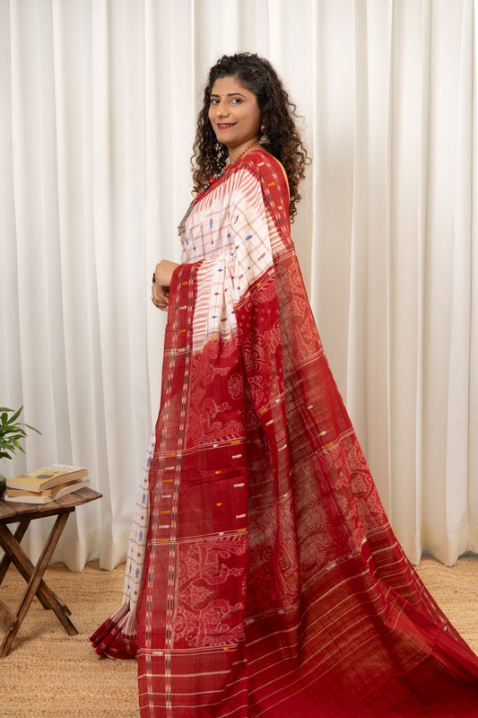 Exclusive Odisha Ikkat Hazaar Buti Cotton Saree- White Maroon