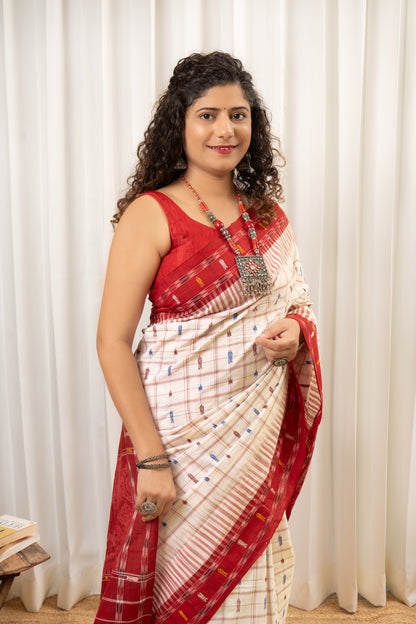 Exclusive Odisha Ikkat Hazaar Buti Cotton Saree- White Maroon