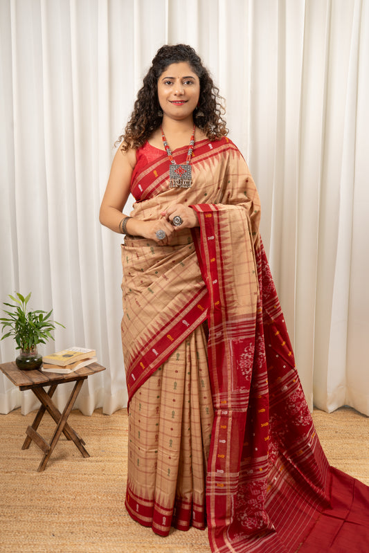 Exclusive Odisha Ikkat Hazaar Buti Cotton Saree- Beige