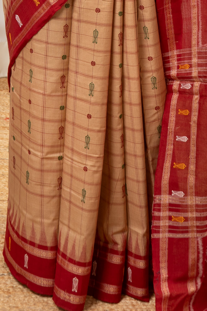 Exclusive Odisha Ikkat Hazaar Buti Cotton Saree- Beige
