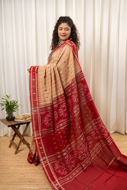 Exclusive Odisha Ikkat Hazaar Buti Cotton Saree- Beige
