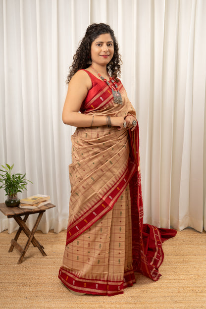 Exclusive Odisha Ikkat Hazaar Buti Cotton Saree- Beige
