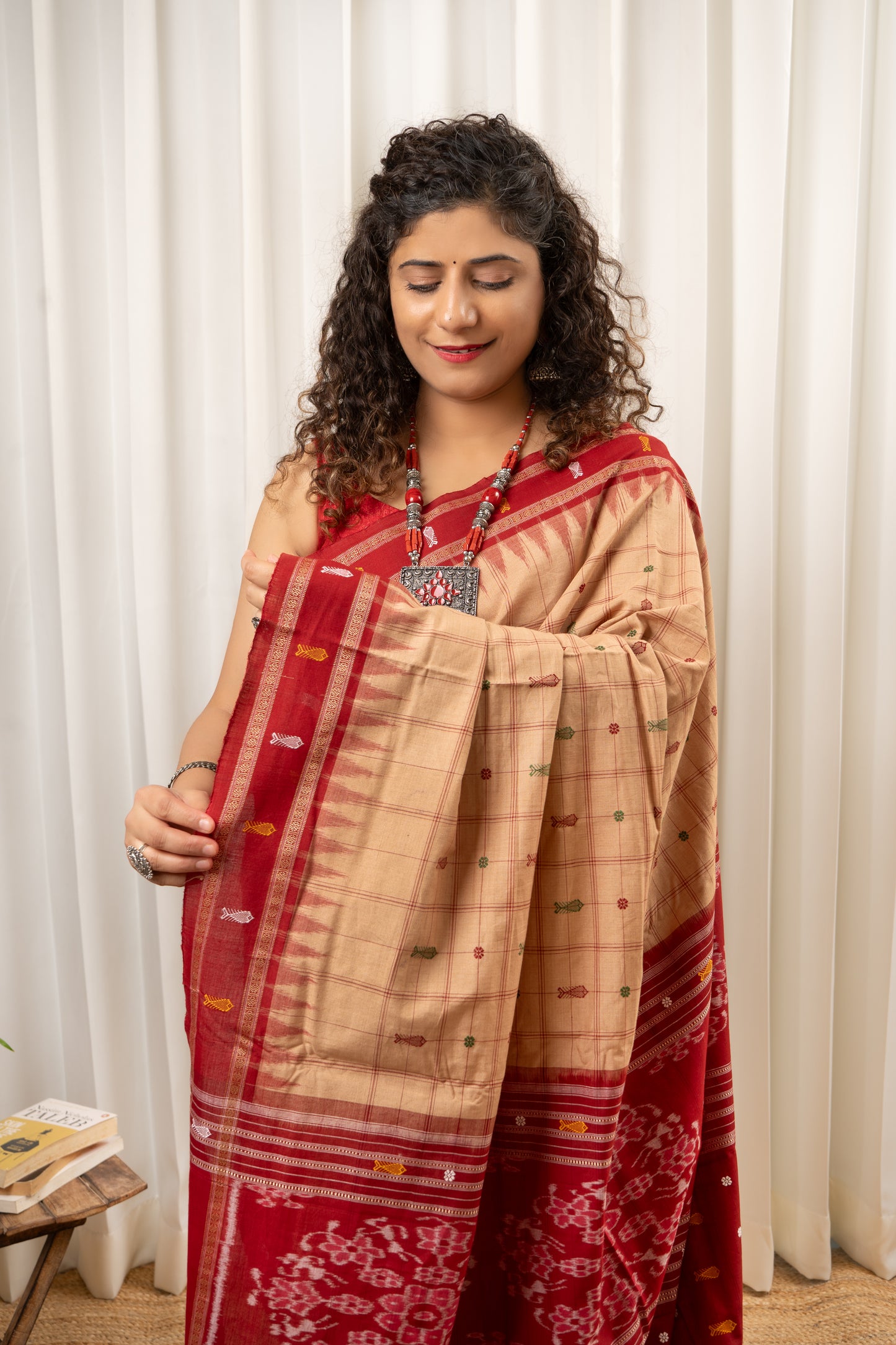 Exclusive Odisha Ikkat Hazaar Buti Cotton Saree- Beige