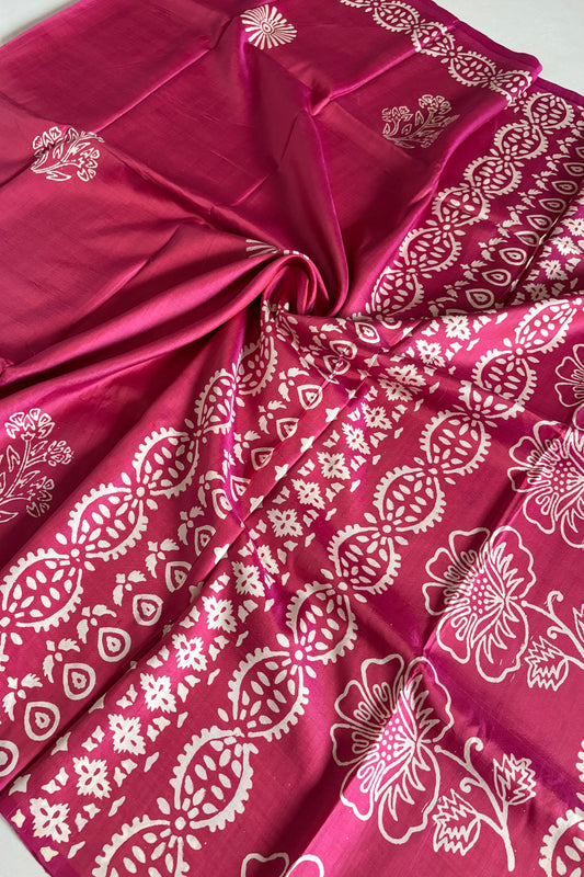 Bishnupuri Pure Katan Silk Saree Hand Block Print - Shot Pink