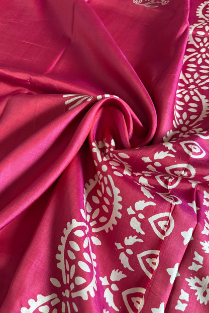 Bishnupuri Pure Katan Silk Saree Hand Block Print - Shot Pink