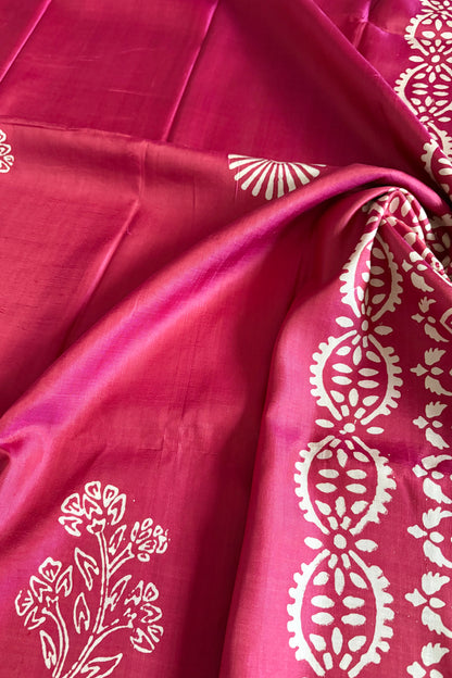 Bishnupuri Pure Katan Silk Saree Hand Block Print - Shot Pink