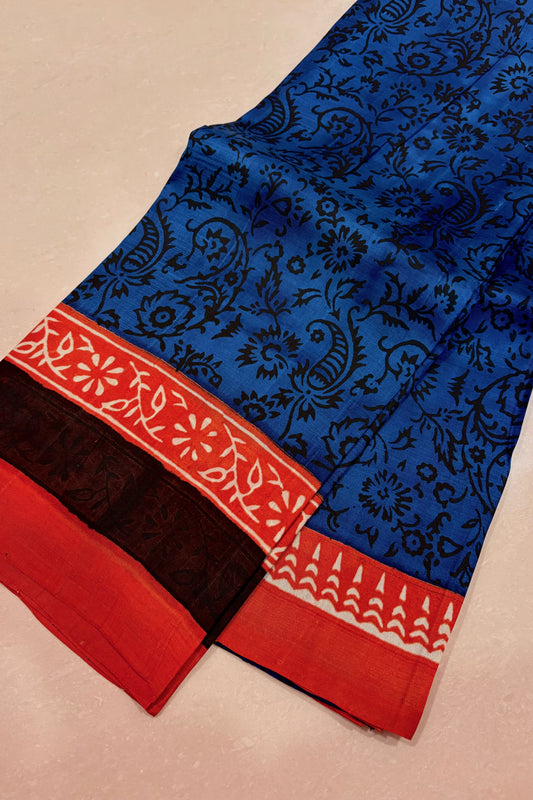 Murshidabad Pure Silk Saree Hand block Print - Teal