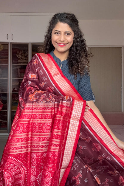 Exclusive Sambalpuri Pure Silk Saree - Coffee-Maroon