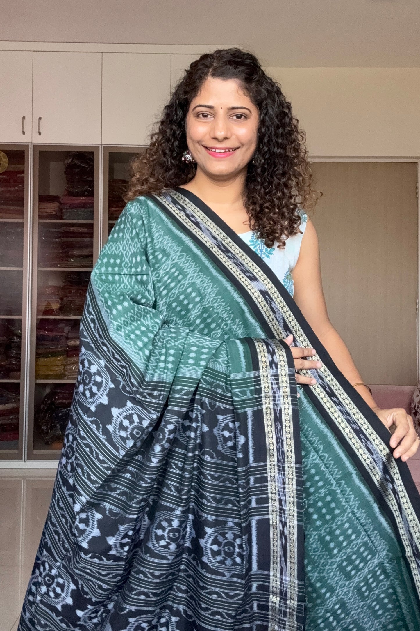 Exclusive Odisha Ikkat Khandua Cotton Saree - English Green