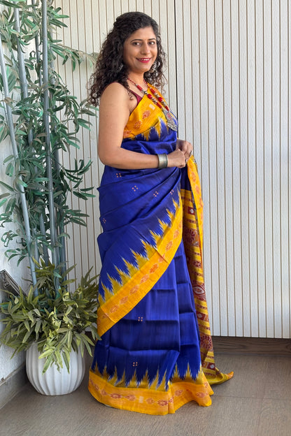 Bandha Border Khandua Ikkat Silk Saree - Purple Blue