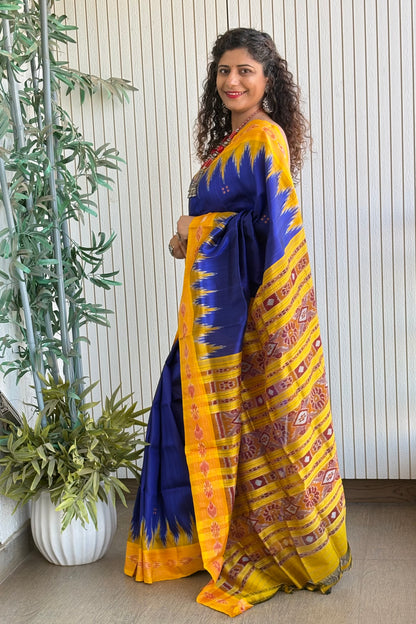 Bandha Border Khandua Ikkat Silk Saree - Purple Blue