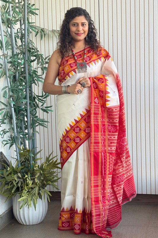 Double Pasapali Border Khandua Ikkat Silk Saree - Off White and Red