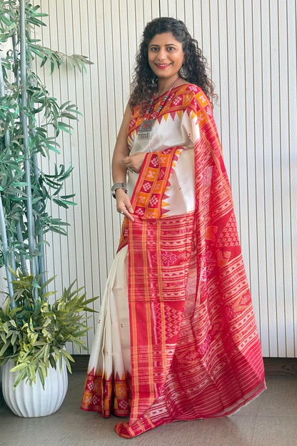 Double Pasapali Border Khandua Ikkat Silk Saree - Off White and Red