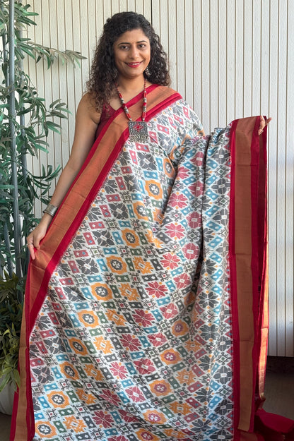 Handwoven Pochampally Ikkat Pure Silk Saree- White-Multi Color