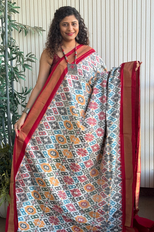 Handwoven Pochampally Ikkat Pure Silk Saree- White-Multi Color