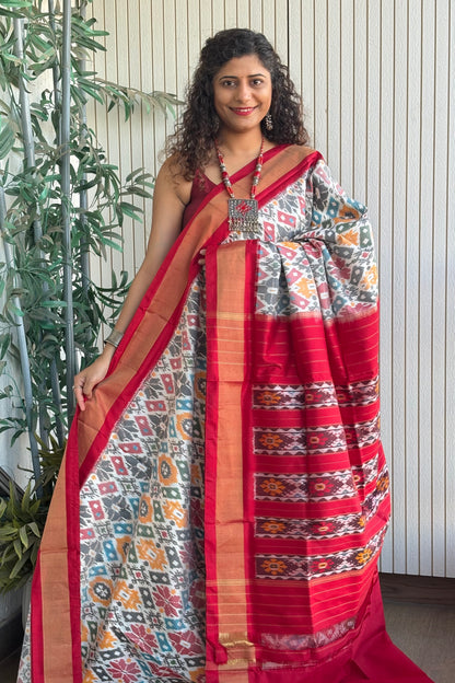 Handwoven Pochampally Ikkat Pure Silk Saree- White-Multi Color