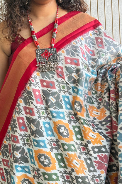 Handwoven Pochampally Ikkat Pure Silk Saree- White-Multi Color