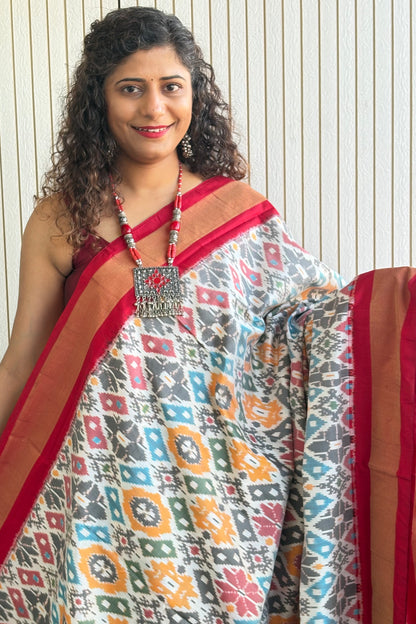 Handwoven Pochampally Ikkat Pure Silk Saree- White-Multi Color