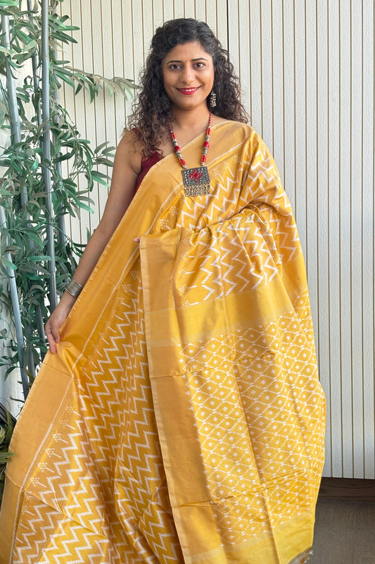 Handwoven Pochampally Ikkat Pure Silk Saree- Shot Pale Gold
