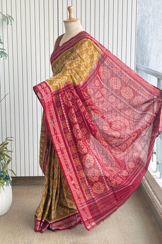 Odisha Ikkat Khandua Cotton Saree - Khaki