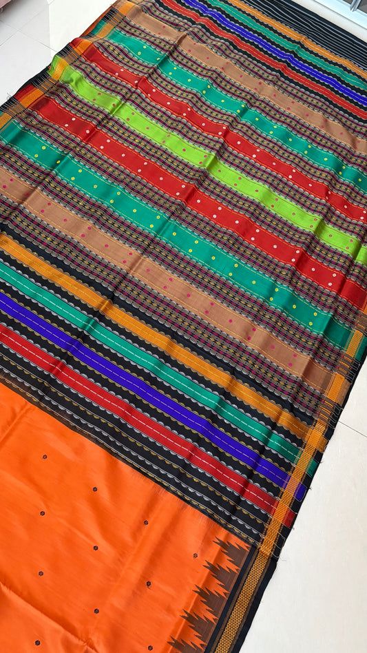 Exclusive Double Pallu Berhampuri Pure Silk Patta Saree - Rust Orange