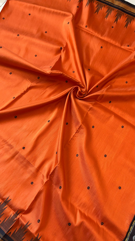 Exclusive Double Pallu Berhampuri Pure Silk Patta Saree - Rust Orange