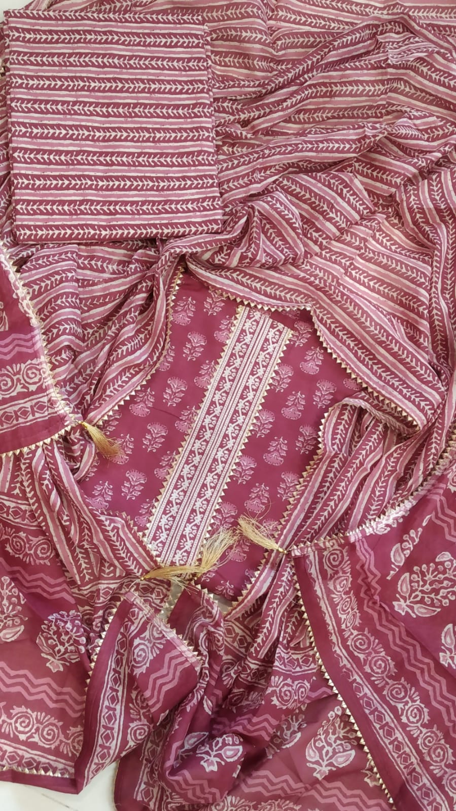 Pure Cotton Hand Block Print 3 Piece Dress Material With Mulmul Cotton Dupatta- Code 12